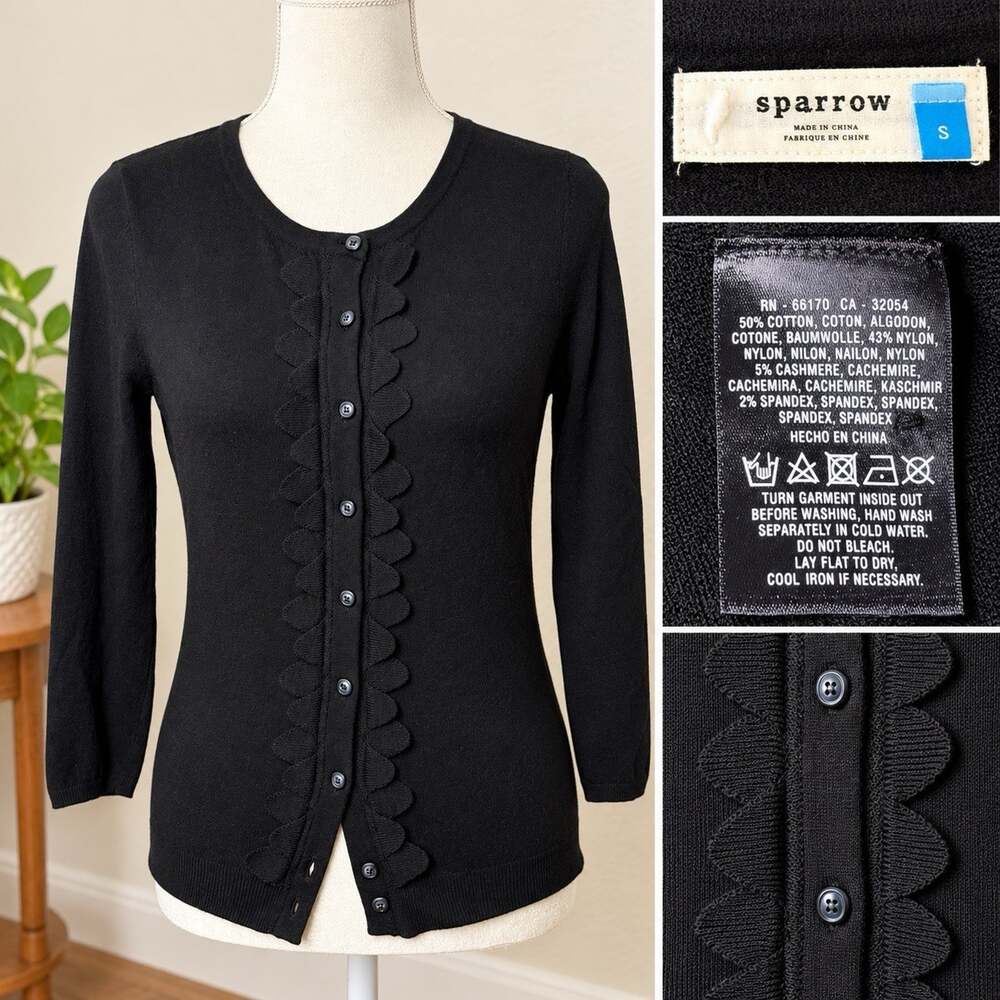 Sparrow Size S Black Cotton Cashmere Blend Scalloped Ruffle Cardigan Sweater
